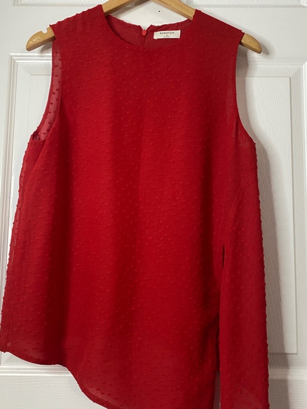 Babaton Red Sleeveless Swiss Dot Asymmetric Hem Blouse #12